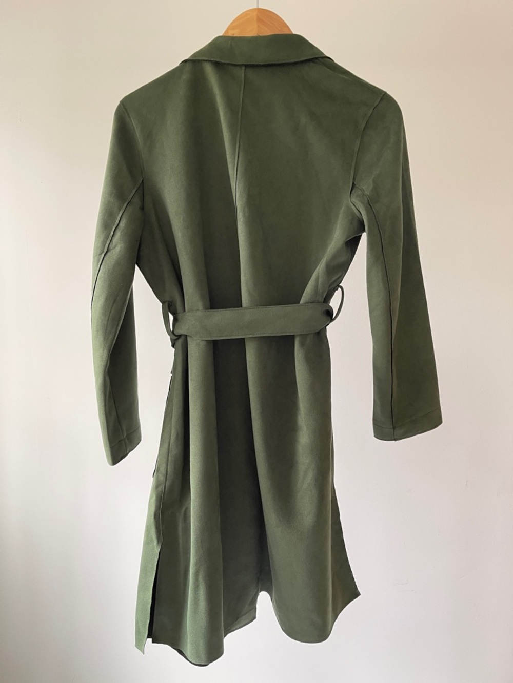 T Tahari Olive Green Belted Faux Leather Suede Trench Coat - Picture 4 of 6